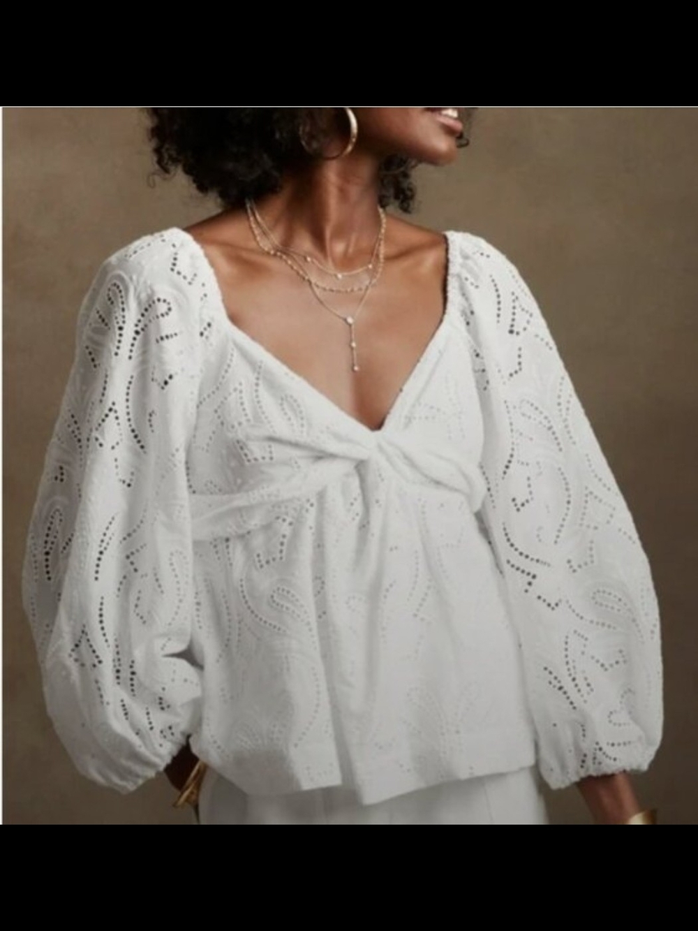 Banana Republic White Eyelet Puff-Sleeve Blouse
